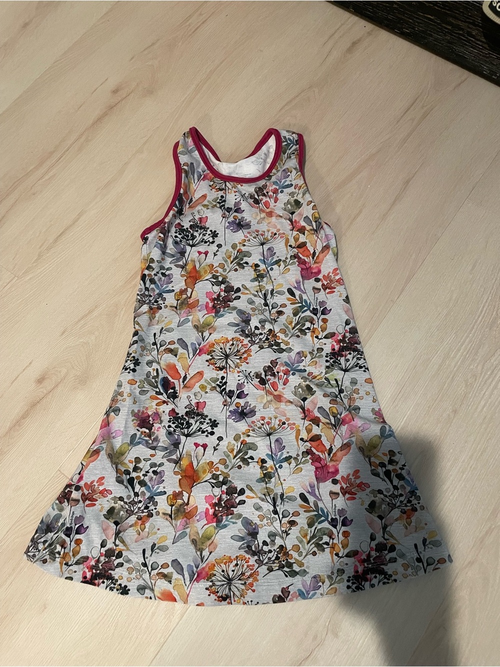 Girls Floral Tank Dress with Pink Trim